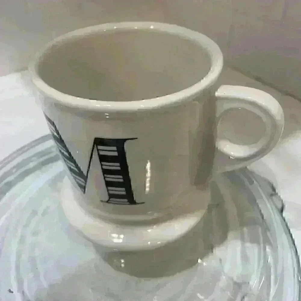 Anthropologie Coffee Mug Monogram Letter M Black White Shaving Style Cup NEW